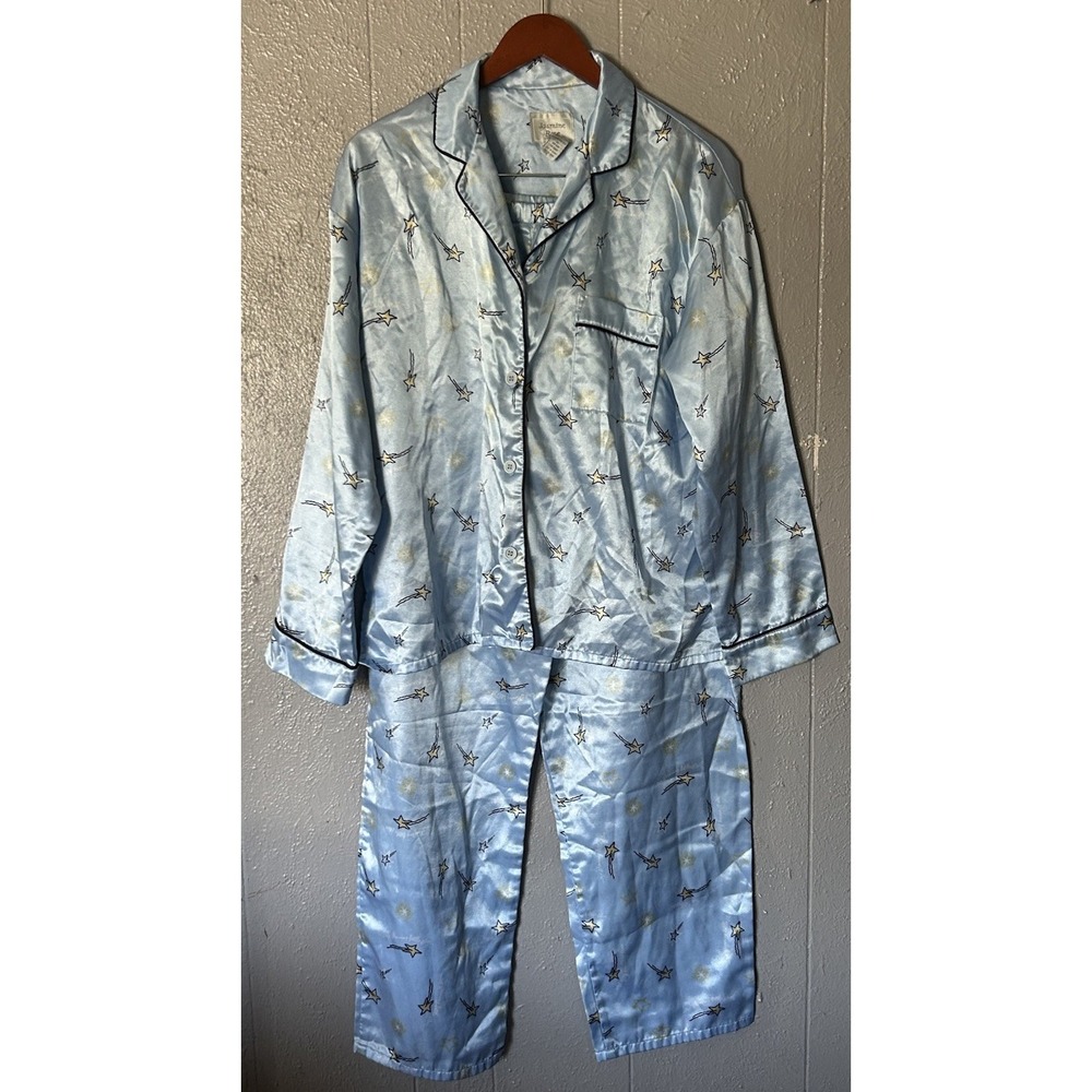 Women's Stary Night Blue Pj Set Pants Long Sleeve Top Size M Silky Sleepwear 90s
